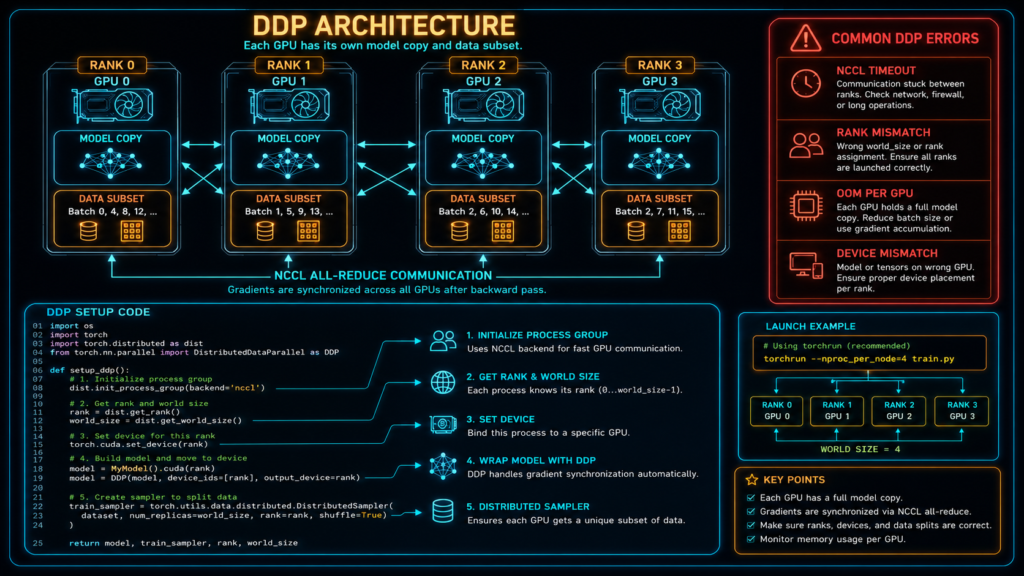 PyTorch Distributed Data Parallel DDP architecture showing multi-GPU setup with NCCL communication and common debugging issues