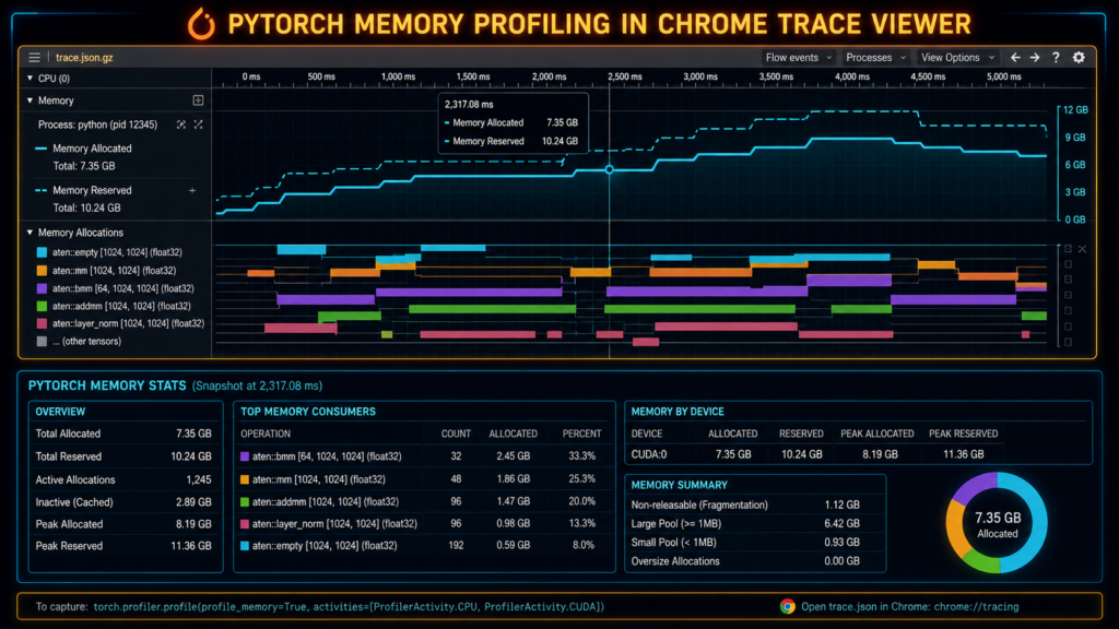 PyTorch 2.x memory profiling tools - memory history recording, peak memory tracking, and Chrome trace viewer visualization