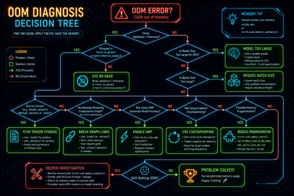 PyTorch CUDA out of memory debugging decision tree - complete systematic troubleshooting flowchart with solutions