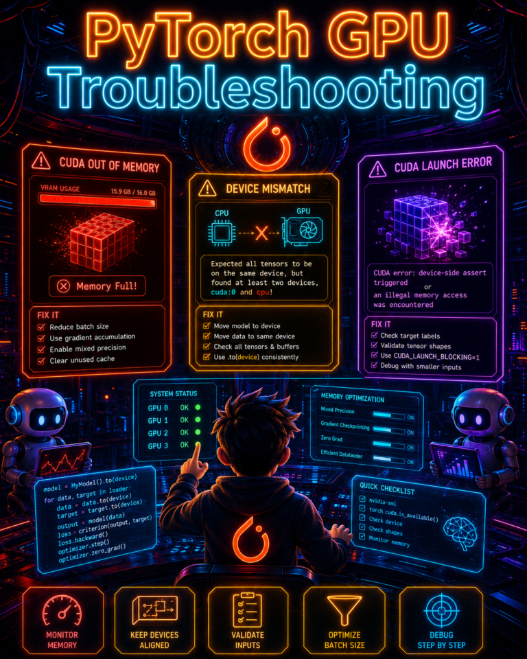 PyTorch GPU Troubleshooting: Fix CUDA OOM, Device Mismatch & CUDA Errors