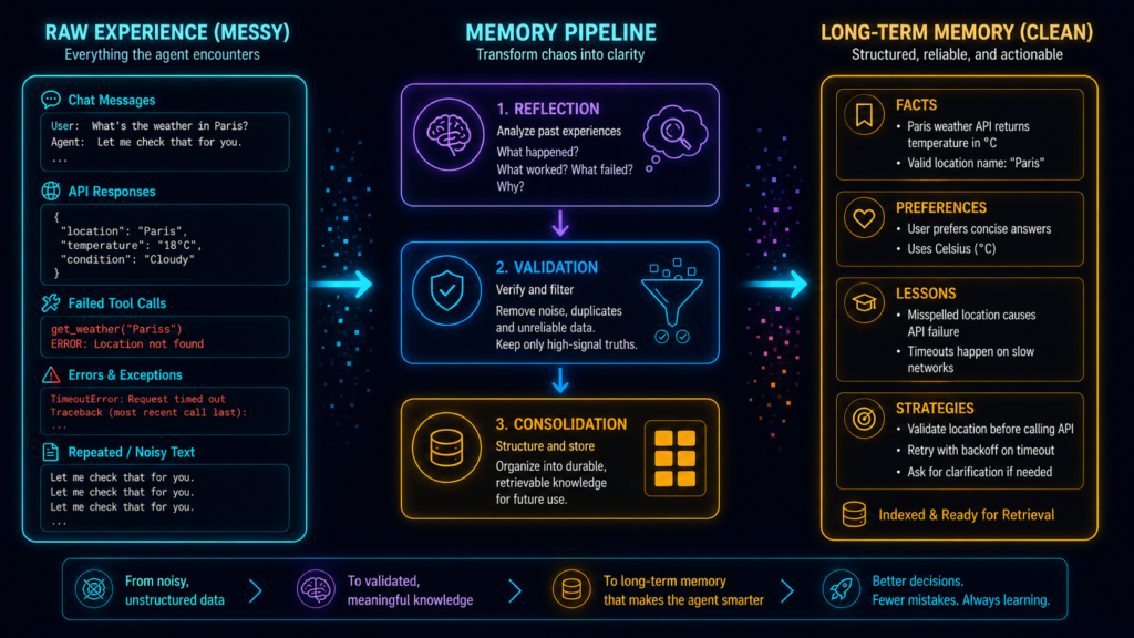 AI agent reflection and memory consolidation pipeline converting noisy chat logs and tool outputs into validated long-term facts, preferences, and lessons.