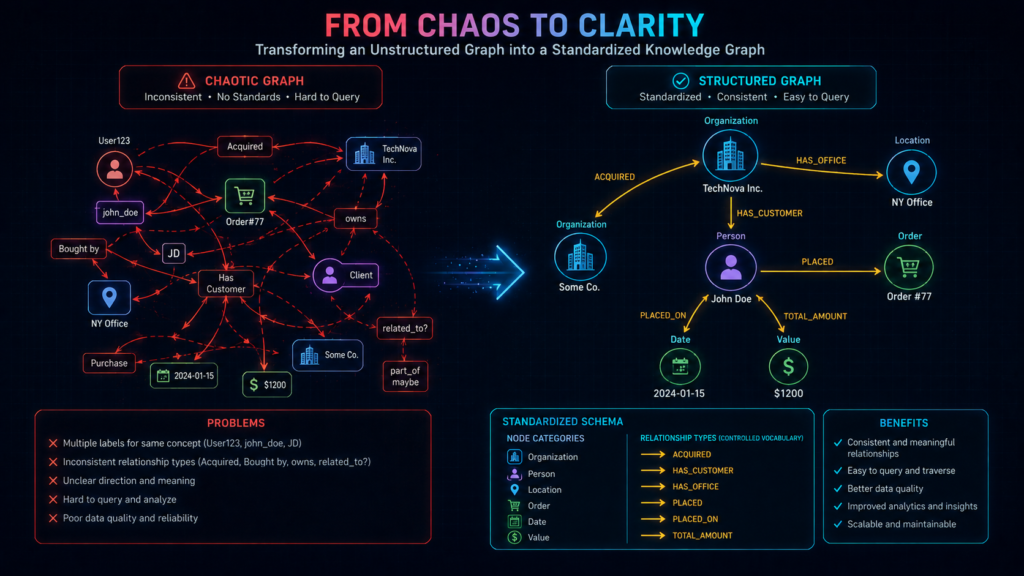GraphRAG ontology standardizing inconsistent entity types and relationship names into a clean knowledge graph schema.