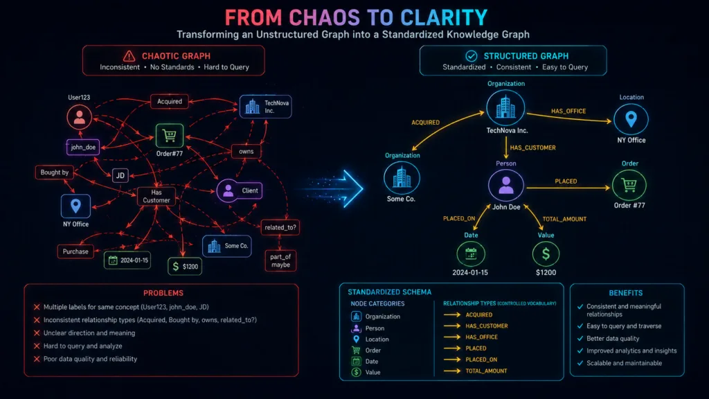 GraphRAG ontology standardizing inconsistent entity types and relationship names into a clean knowledge graph schema.