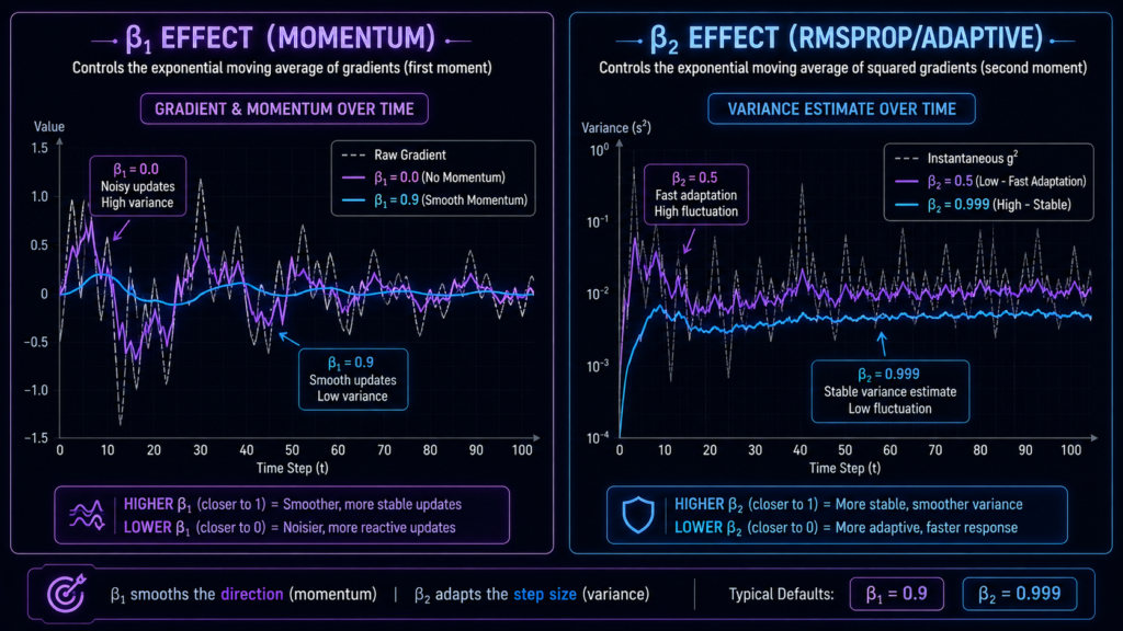 AdamW beta hyperparameters visualization showing beta1 (momentum decay) and beta2 (variance decay) effects on optimization