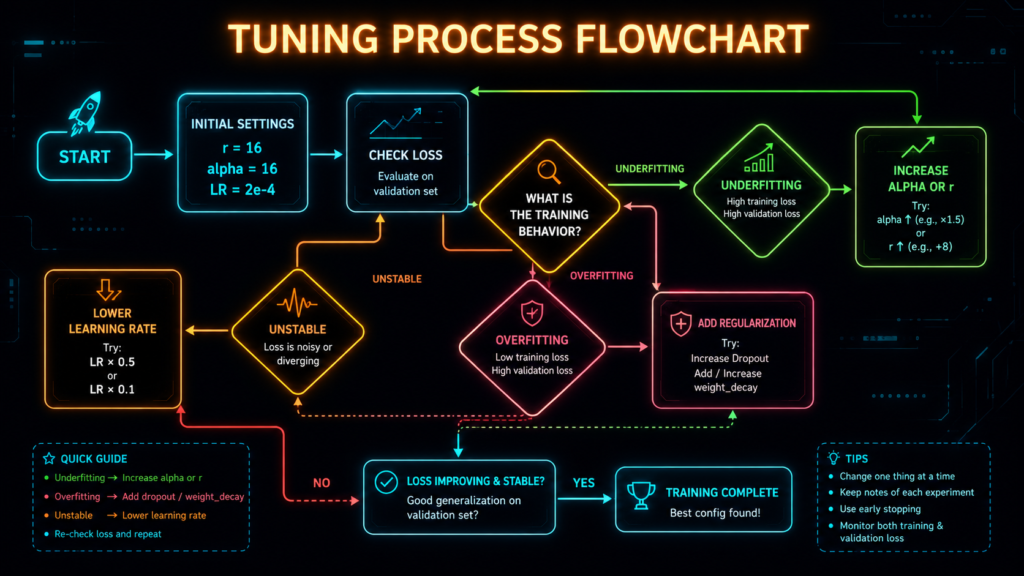 LoRA tuning flowchart showing how to adjust hyperparameters based on underfitting, overfitting, or unstable loss.