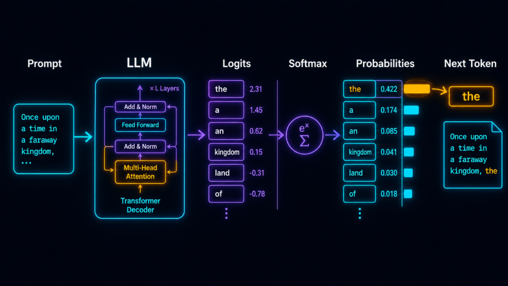 Diagram showing how an LLM converts a prompt into token logits, applies Softmax to produce probabilities, and selects the next token.