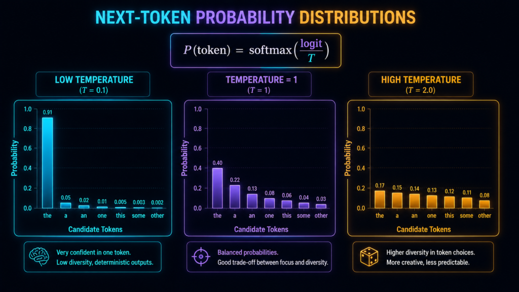 Comparison showing how low LLM temperature sharpens token probabilities while high temperature creates a flatter probability distribution.