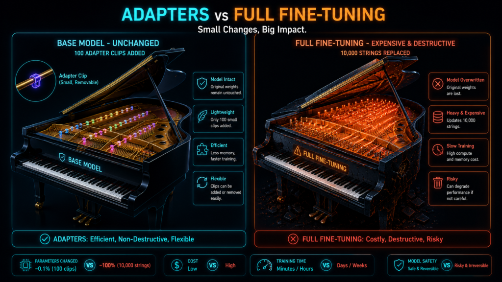 Piano analogy showing LoRA vs full fine-tuning. Left: A grand piano with small glowing tuning clips attached to strings labeled 'LoRA - Base model untouched'. Right: A piano with all strings being replaced labeled 'Full Fine-Tuning - Destroys original tuning'.