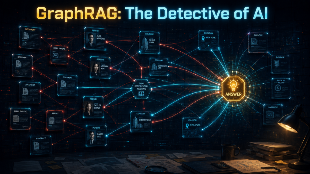 GraphRAG visualized as an AI detective connecting people, companies, documents, and relationships on a digital investigation board.