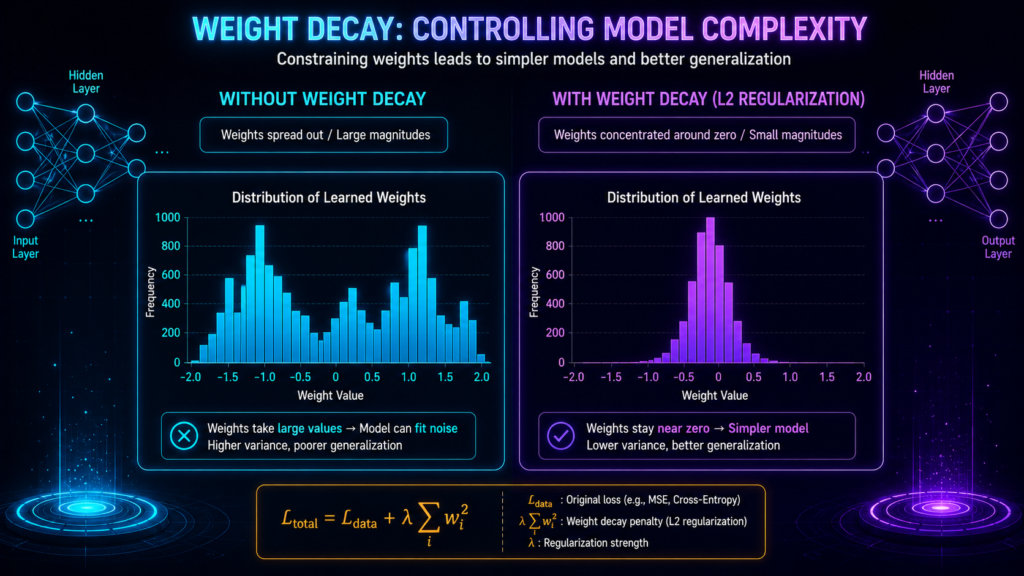 Effect of weight decay on weight magnitudes showing weights shrinking to prevent overfitting