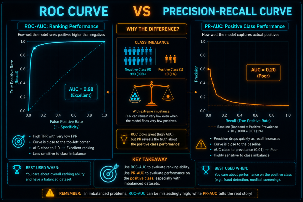 Comparison of ROC-AUC and PR-AUC showing how imbalanced data can make ROC-AUC look perfect (0.98) while PR-AUC is terrible (0.20).