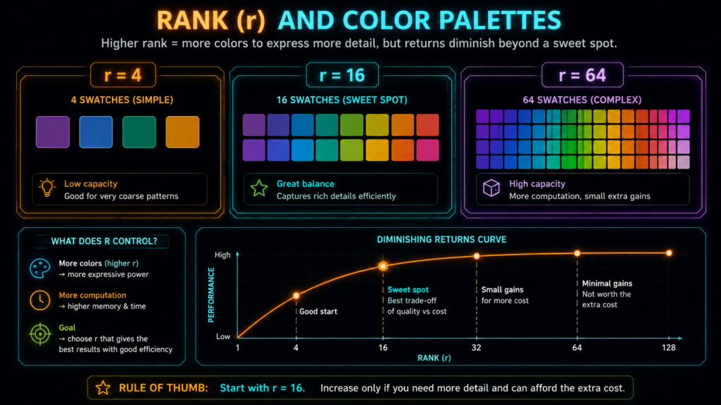 Color palette analogy for LoRA rank values. r=4 (4 colors - simple tasks), r=16 (16 colors - sweet spot), r=64 (64 colors - complex tasks, diminishing returns).