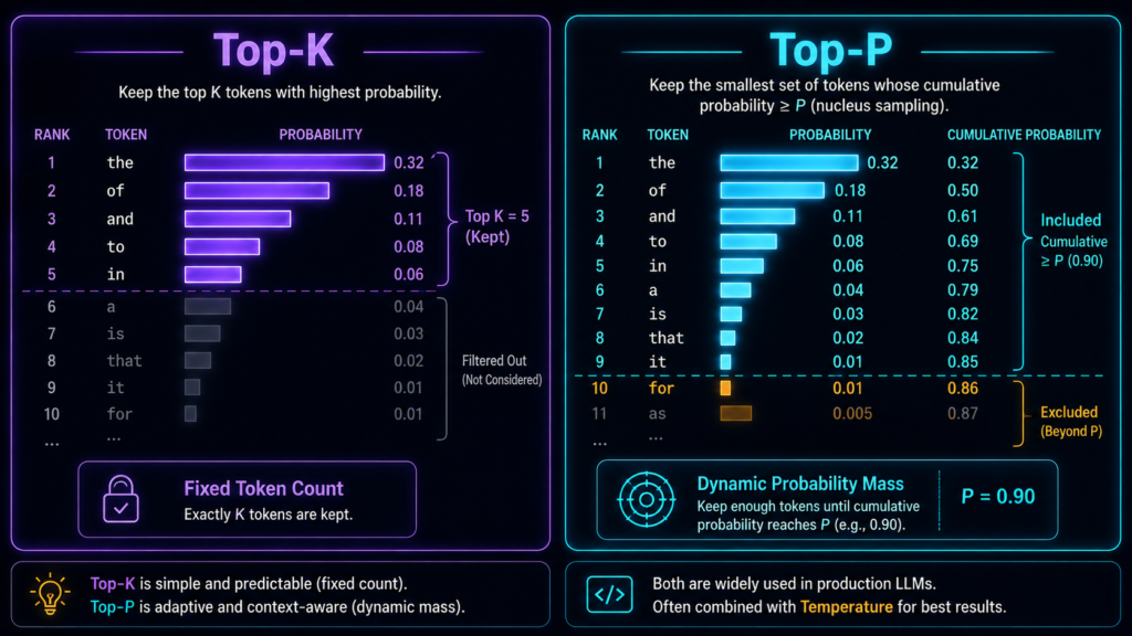 Top-K versus Top-P sampling diagram showing Top-K retaining a fixed number of tokens while Top-P dynamically retains tokens until a cumulative probability threshold is reached. 
