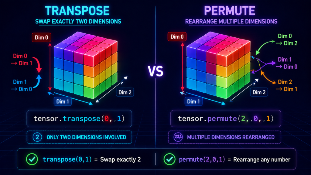 Side-by-side visual comparison of PyTorch's transpose() swapping exactly two tensor dimensions vs permute() rearranging multiple dimensions simultaneously, showing how transpose uses two arrows while permute uses multiple arrows to reorder dimensions.