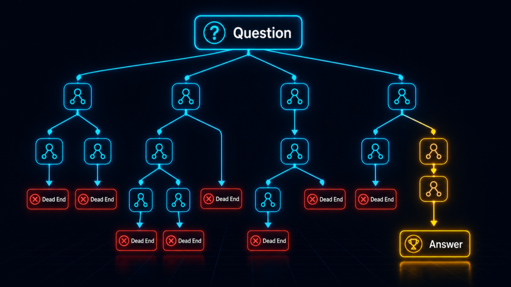 Tree of Thoughts diagram showing branching reasoning paths with backtracking from dead ends.