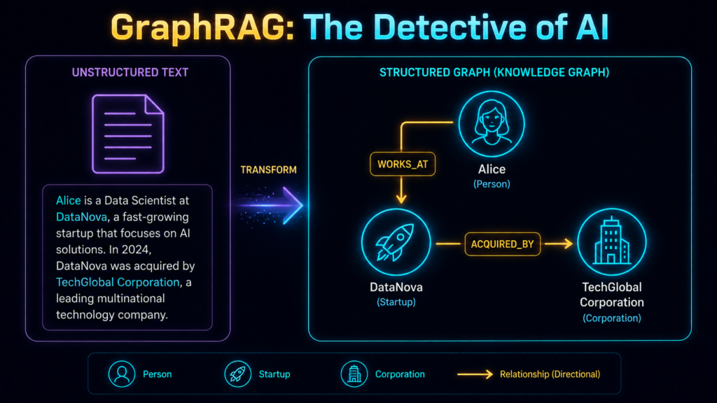 Beginner-friendly GraphRAG diagram showing nodes, edges, and triplets forming a knowledge graph.