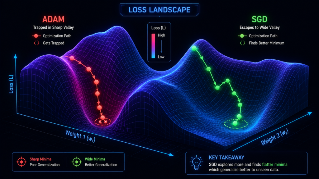 Comparison of SGD vs Adam convergence paths on a loss landscape showing Adam trapped in sharp minima while SGD bounces to flat minima