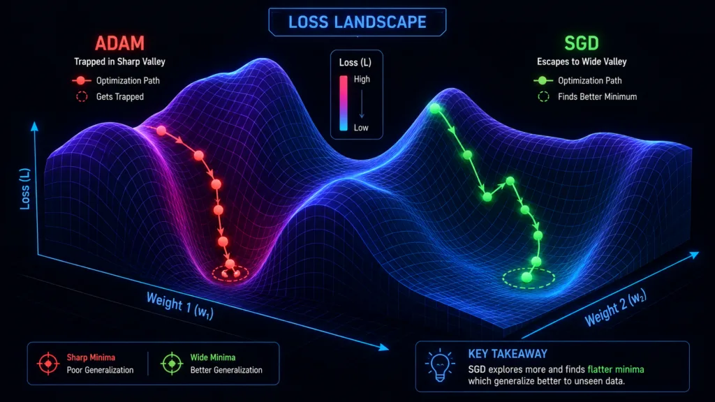 Comparison of SGD vs Adam convergence paths on a loss landscape showing Adam trapped in sharp minima while SGD bounces to flat minima