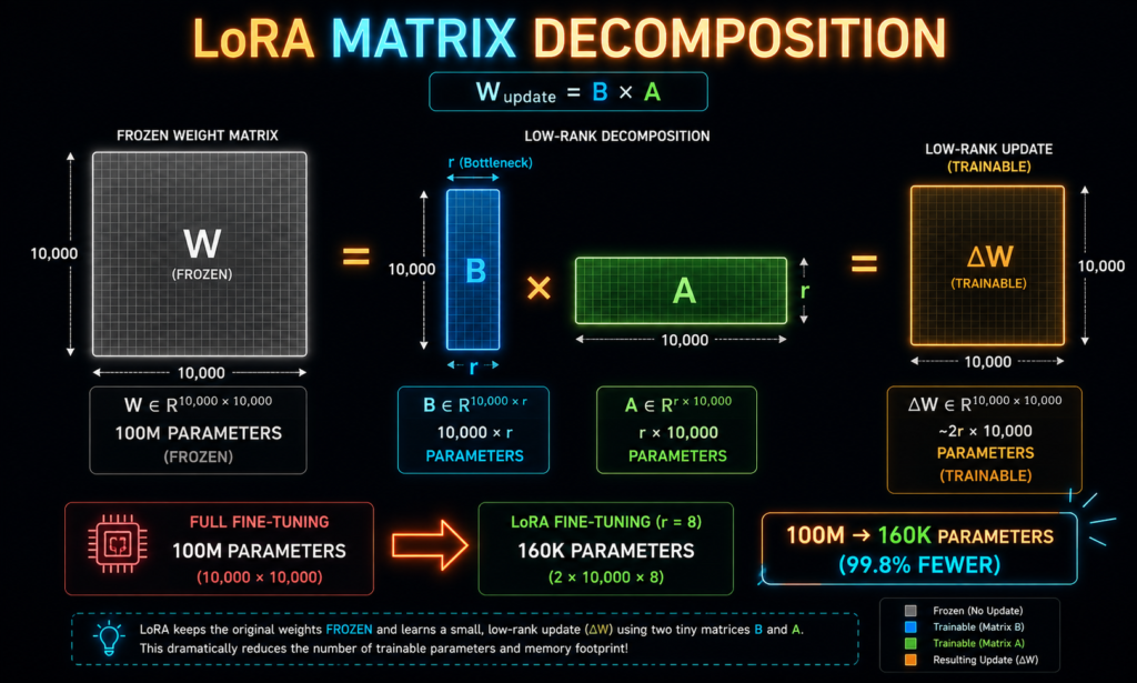 LoRA matrix decomposition diagram showing a large frozen weight matrix W and two small trainable matrices B and A with rank r as a bottleneck. Parameter comparison: 100M vs 160K.