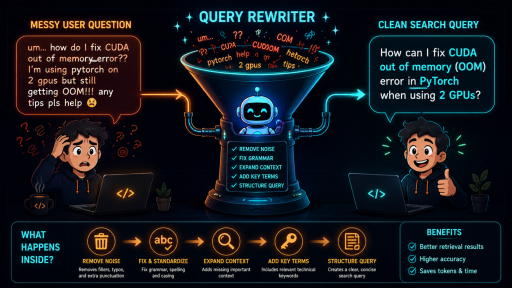 Simple illustration showing how query rewriting transforms messy user questions into clean search queries.